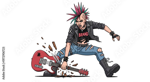 Punk rocker smashing guitar, aggressive, rebellious, rock music, destructive energy
