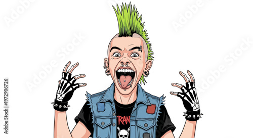 Punk rocker with green mohawk, open mouth, and raised hands