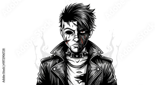 Punk Rocker with Half Face Painted, Leather Jacket, Spiked Collar, Black and White Illustration