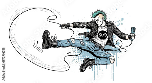 Punk Rocker with Microphone and Electric Guitar Cord