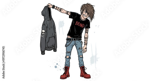 Punk teenager holding hoodie, ripped jeans, tattoos, red boots, band t-shirt