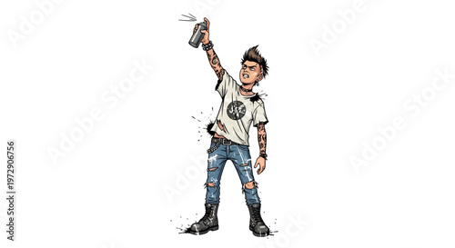 Punk teenager spray painting graffiti, rebellious youth culture, urban art style