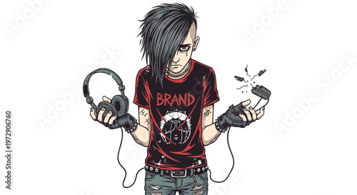 Punk teenager with headphones and broken phone, frustrated expression