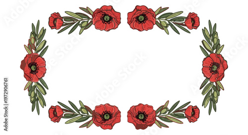 A commemorative, hand-drawn poppy and olive branch border frame, beautifully symbolizing remembrance, peace, and solemn tribute for Anzac Day