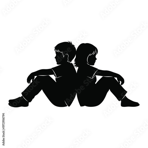 Silhouette of two children sitting back to back.