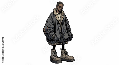 Young Black Man in Oversized Winter Coat and Boots, Streetwear Fashion