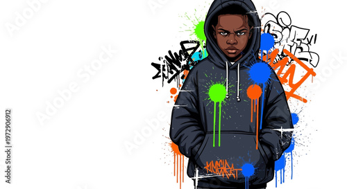Young boy in hoodie with graffiti art and paint splatters