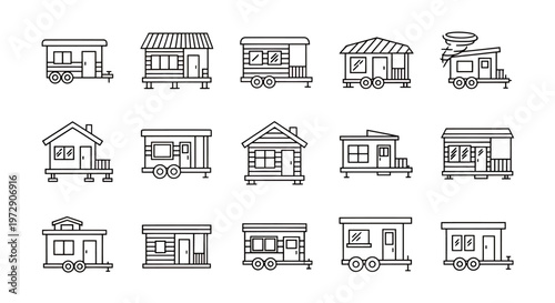 Series of small storefronts and market stalls depicted in a simple line drawing style.