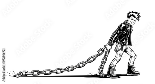 Young man in leather jacket pulling heavy chain, black and white illustration
