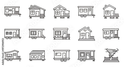 Collection of small residential house illustrations in various styles and angles.