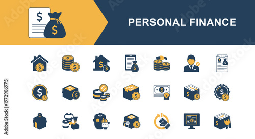 Comprehensive collection of personal finance icons and illustrations for budgeting and planning.