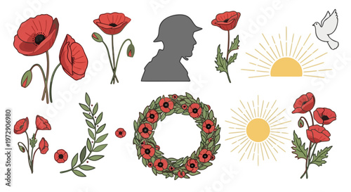 Anzac Day remembrance symbols including poppies, wreaths, and a soldier silhouette with a rising sun and dove