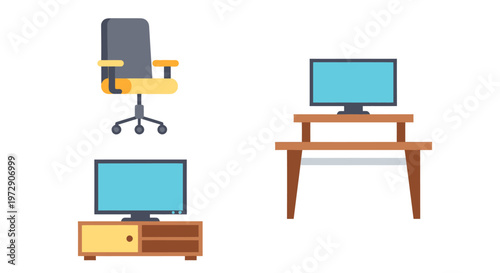 Modern office workspace setup with desks, chairs, and computer stations.