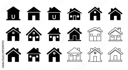 Series of black and white house icons showing rows of architectural silhouettes.
