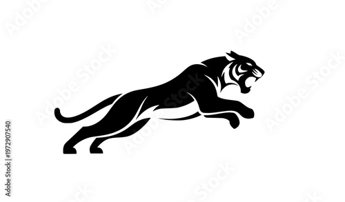 Minimal leaping tiger silhouette roaring wild animal vector illustration isolated on white background