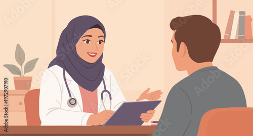 Female doctor consulting male patient in office.