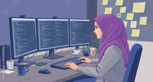 woman in hijab working on computer with multiple monitors.