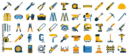 Collection of construction tools and equipment icons.