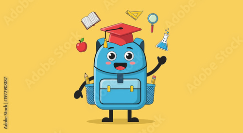 Cartoon blue robot with graduation cap.