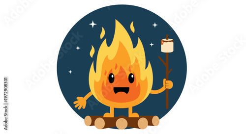 Cartoon flame character holding marshmallow stick.