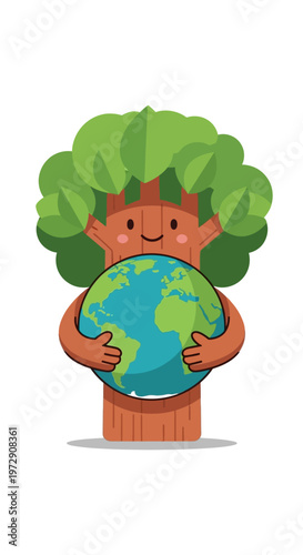 Cartoon tree character holding earth globe.