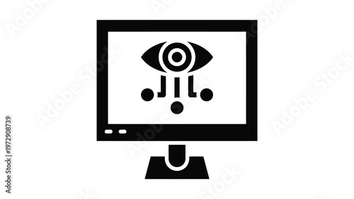 Monitor displaying a stylized eye with neural network nodes beneath it Vector