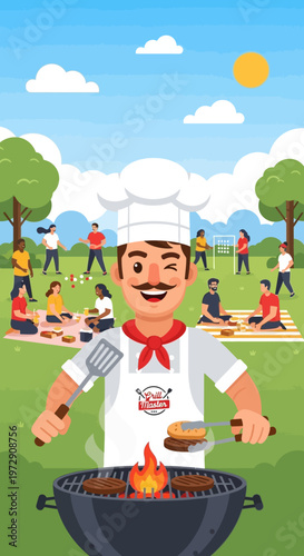 Man grilling food outdoors on barbecue.