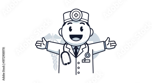 Smiling doctor cartoon character in uniform.