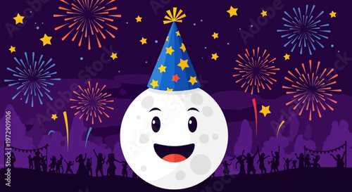 Smiling Moon Wearing Party Hat.