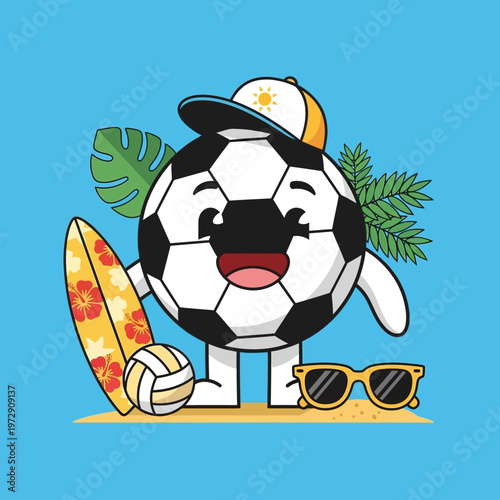 Smiling soccer ball with surfboard sunglasses.