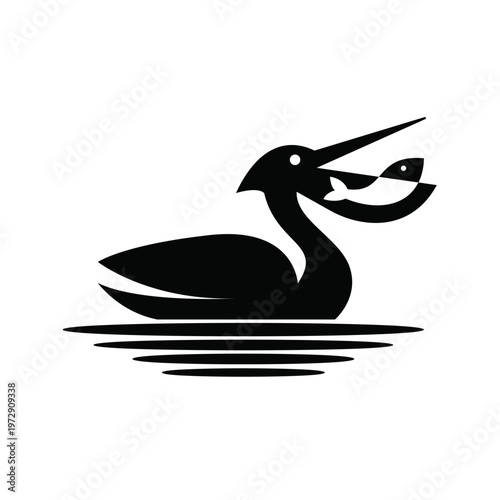 Black pelican catching a fish while swimming in water, minimalist vector logo design.