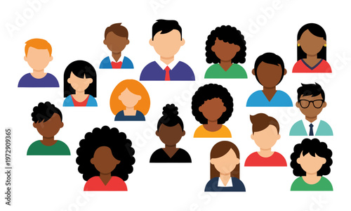 An array of diverse cartoon people from different ethnic backgrounds showcasing unity, individuality, and an open-minded community