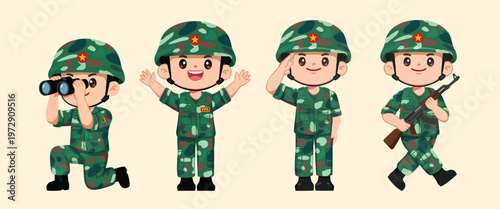 Set of Cute Cartoon Soldiers in Camouflage Uniform Performing Military Actions