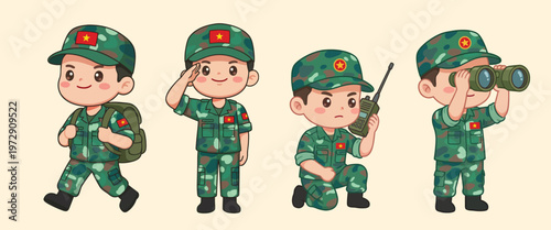 Set of cute Vietnamese soldier cartoon characters in various military poses