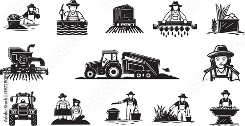 Agricultural icons featuring farming and harvesting activities in black