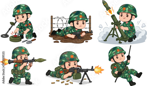 Set of Cute Vietnamese Soldier Characters Performing Various Military Combat Actions