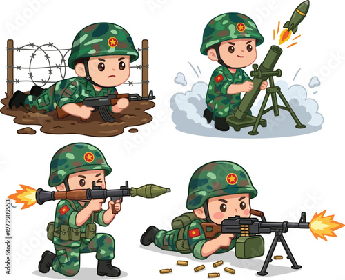 Set of Cute Vietnamese Soldiers Cartoon Characters in Various Combat Actions