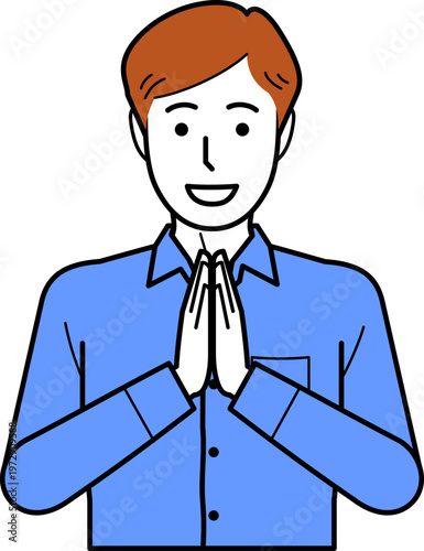 正面向き。いただきますと手を合わせるワイシャツを着た若い男性。