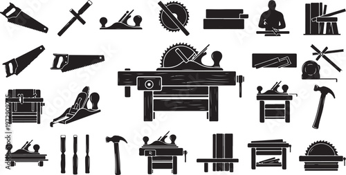 Black and white illustration of various carpentry tools icons