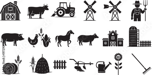 Farm icons and symbols in black and white color