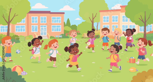 Diverse children playing outside school.