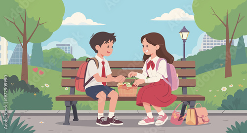 Two children sitting on a park bench.