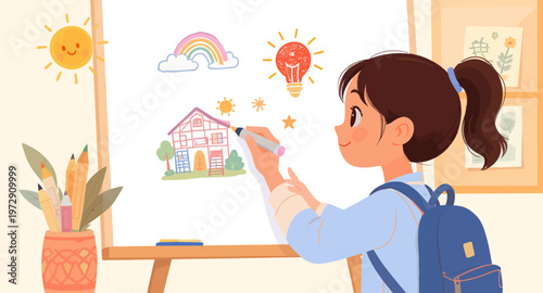 A young girl drawing on a whiteboard.