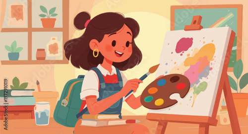 A young girl painting on canvas.