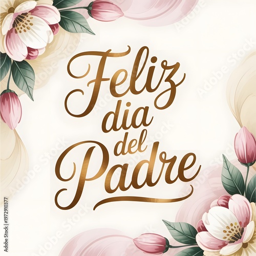 Feliz dia del padre lettering calligraphy Spanish father's love text social media poster greetingElegant Father's Day greeting card with gold calligraphy and pink peonies on soft watercolor background