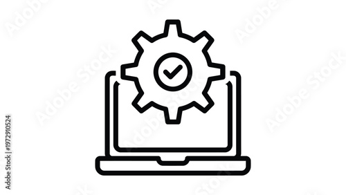 Laptop with gear icons symbolizing system updates and successful completion Vector