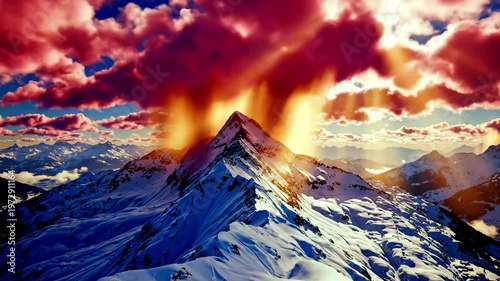 Snow-capped mountain peak at sunrise with vibrant red clouds and sun rays