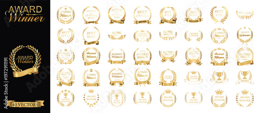 Luxury Gold Award Winner Laurel Wreath Badge Collection with Trophies, Crowns and Ribbons