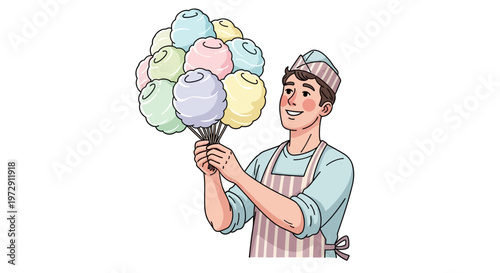 Cartoon man holding colorful cotton candy.