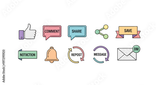 Social media icons and symbols.